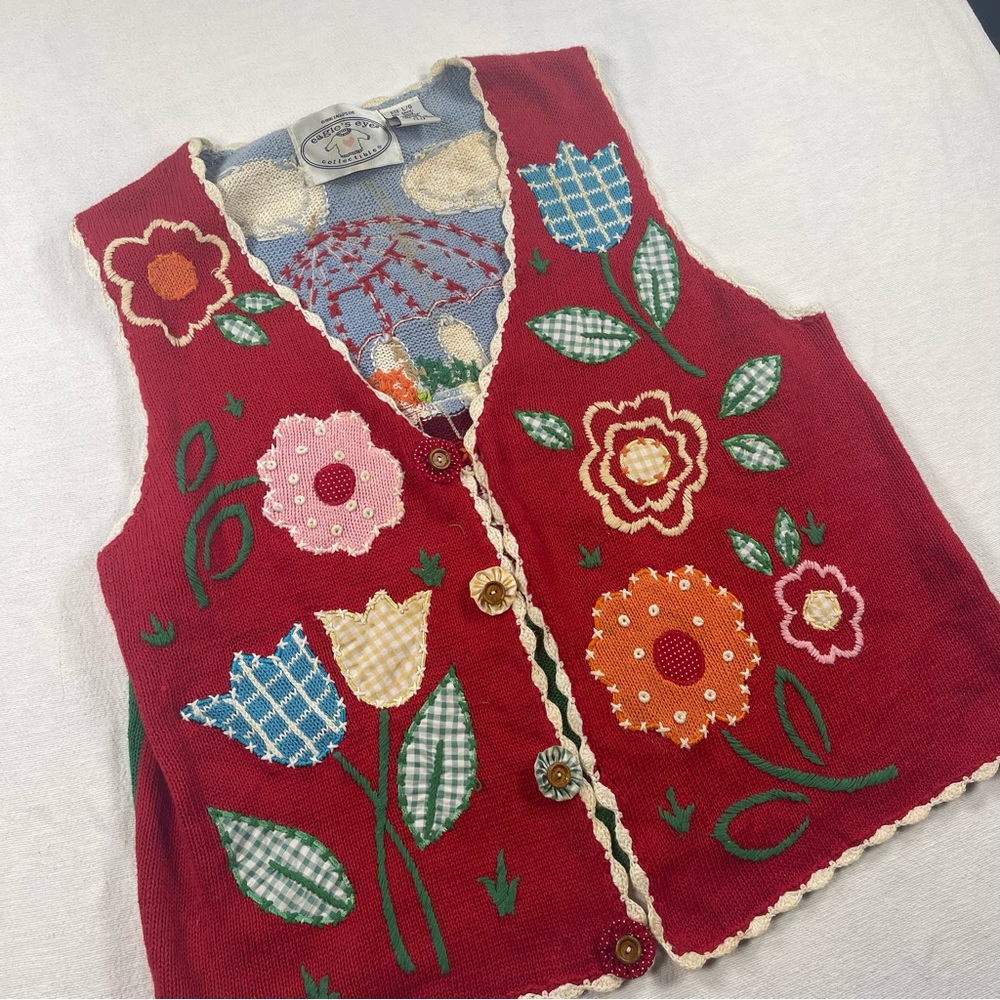 Vintage 90’s Garden Floral Knit Vest Red Cottage core Granny Farmers Market